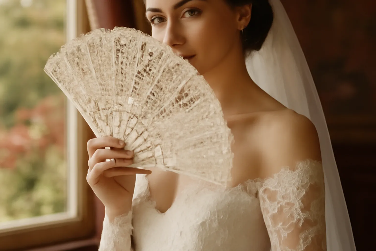 Éventail de dentelle et nacre posé sur un bouquet de mariée aux teintes bordeaux et or