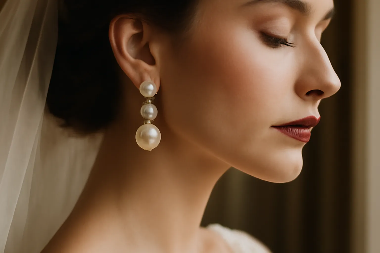 Boucles d'oreilles de mariée en diamants et perles posées sur un écrin ivoire et or